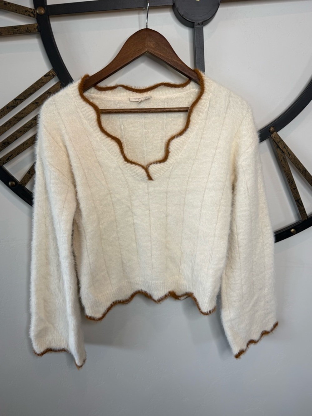 Mystree Cream V-Neck Sweater with Brown Scalloped Trim